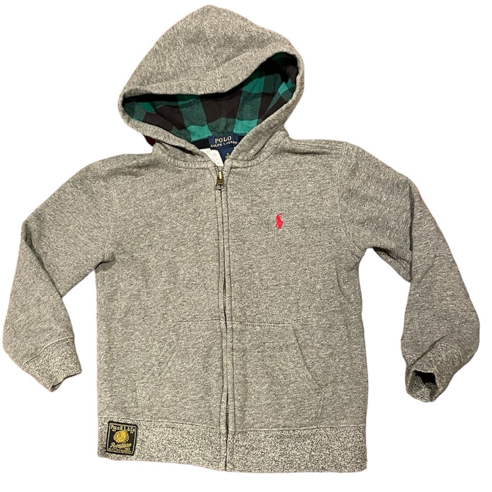 Polo Ralph Lauren size 6 boy’s grey hoodie with flannel in hood. Like new